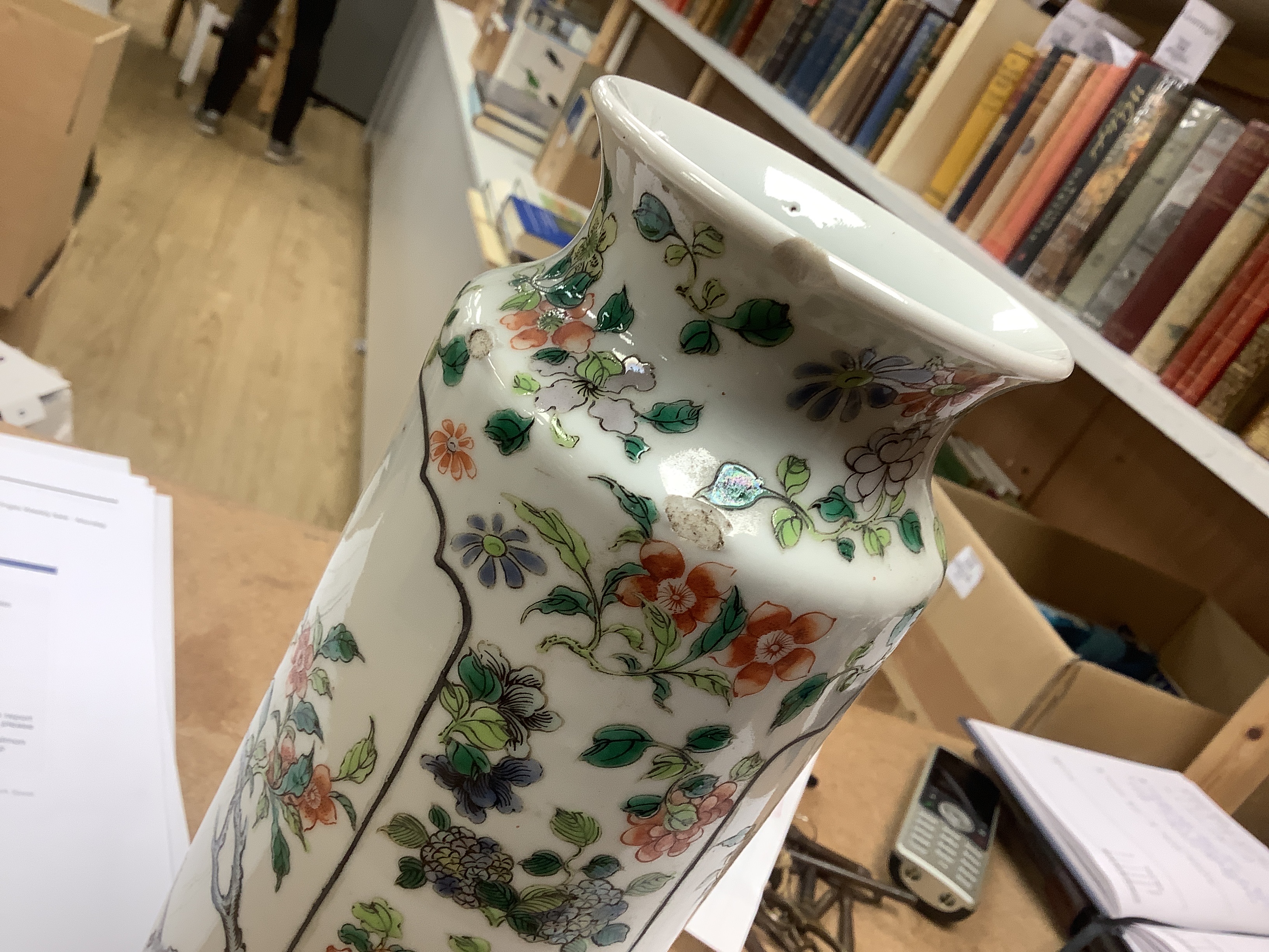 Early 20th century Chinese sleeve vase hand painted in the famille verte palette with birds and flowers, 30cm high